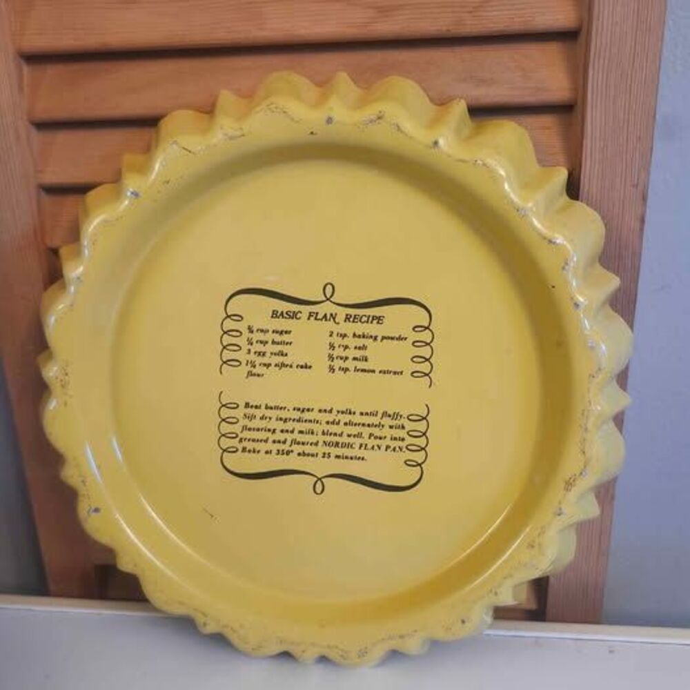 Vintage 1970s Nordic Ware Harvest Yellow Flan Pan with Printed Recipe